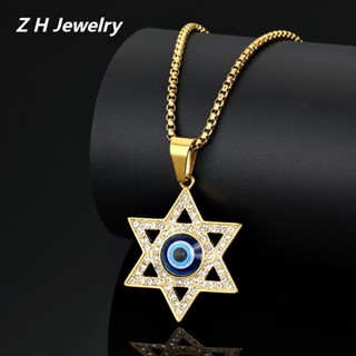 [Z H Jóias] Vintage Ouro 18K Seis Estrelas Gema Demoníaca De Olho De Demônio Moda Masculina Pingente Colar De Aço Inoxidável Hip Hop Party Titânio Acessórios