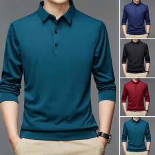 Botões Linha De Pescoço Manga Longa Cor Sólida Camisa Homem De Outono Slim Fit Lapela Escritório Pullover Top