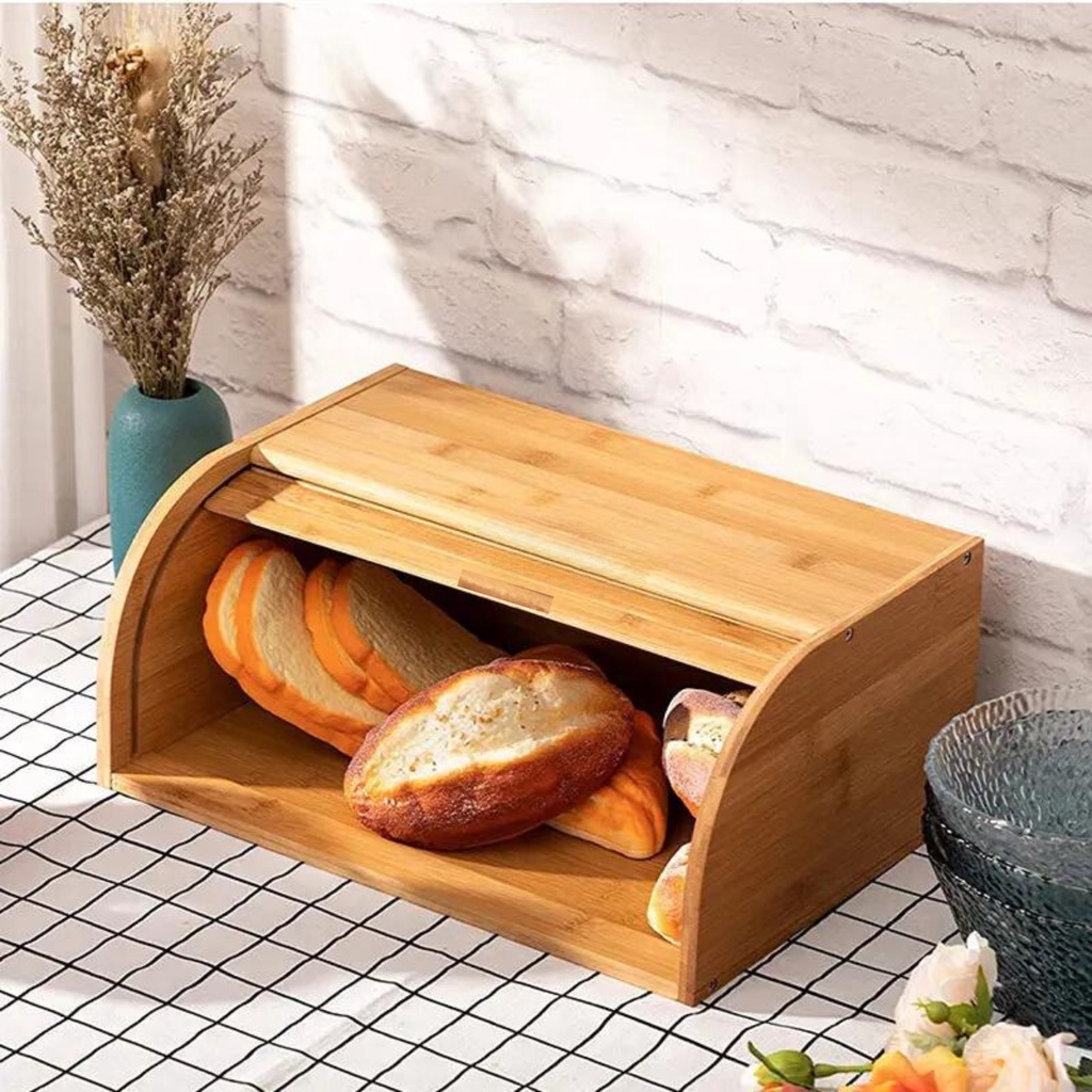 Porta Pão Com Tampa Retrátil Porta Paes em Bambu Armazenamento Porta Pão Bambu Com Porta B...