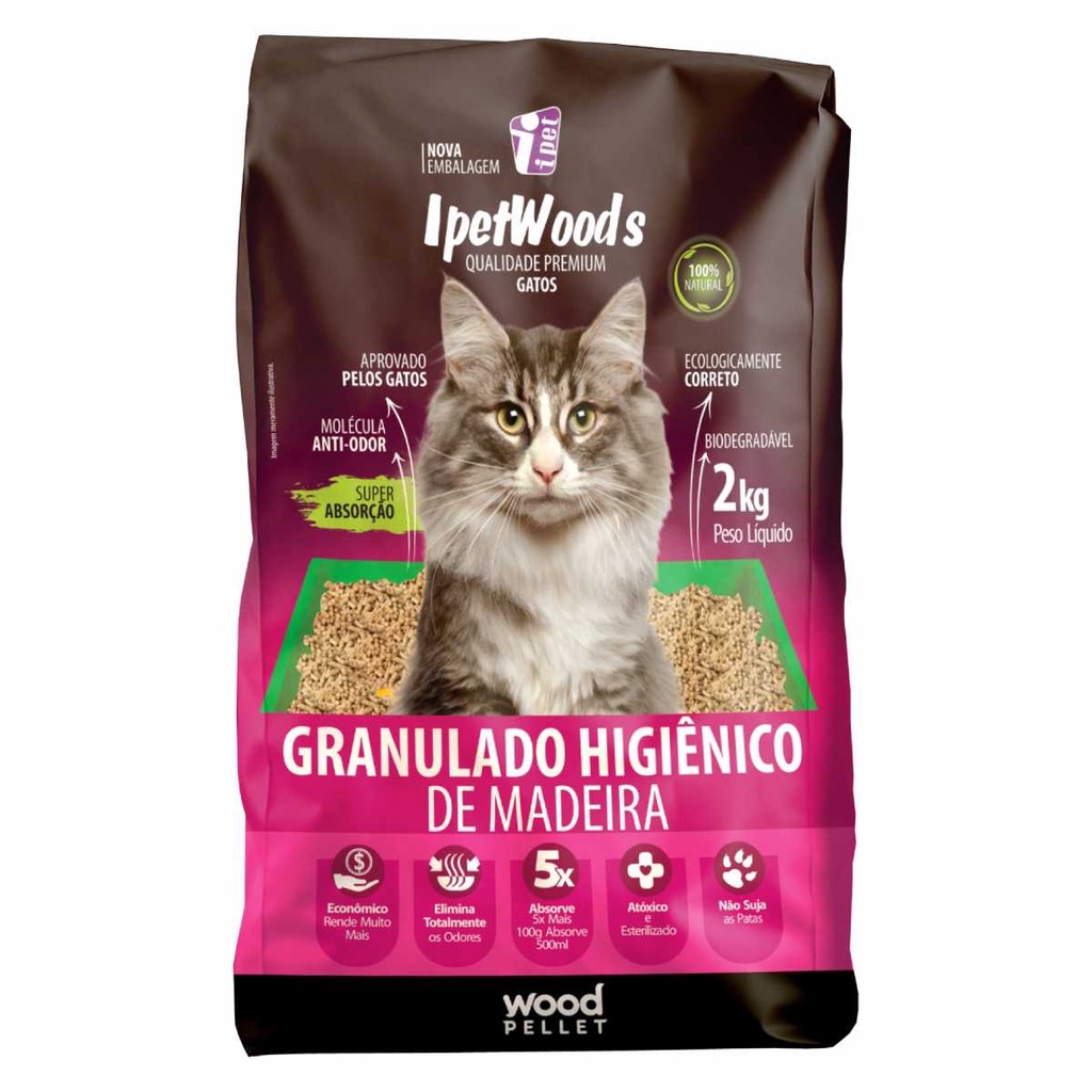 Granulado Higiênico De Madeira para Gatos Ipet Woods 2kg