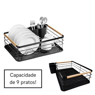 Escorredor de pratos preto ferro e madeira 9 pratos organização em Oferta na Shopee