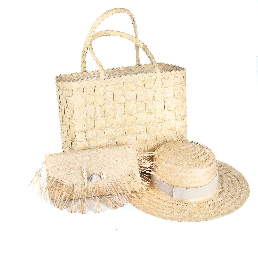 Kit Bolsa Tote Palha Amarração + Chapéu + Carteira Verão