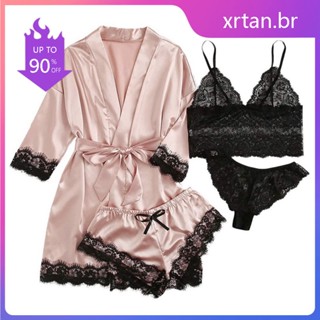 Conjunto De Pijama Feminino De Cetim 4pcs Floral Lace Trim Cami Lingerie Sleepwear Com Robe Mulheres Sexy