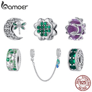 BAMOER 925 Sterling Silver Green Plant DIY Beads Safty Chain Pendant Fashion Jewellery Presentes De Aniversário Para Mulheres