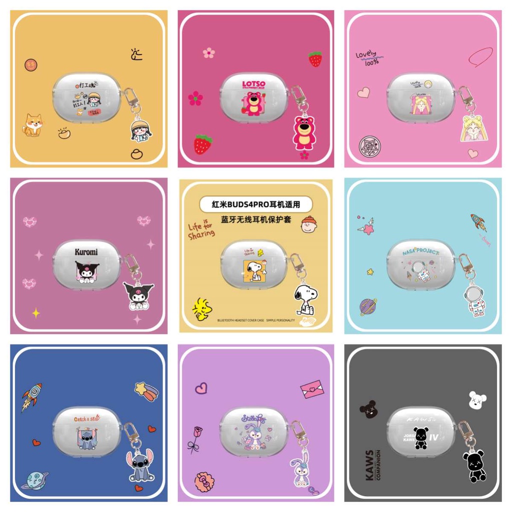 Para Redmi Buds 4 Pro Cute Bear Cartoon Astronauta Fone De Ouvido Capa Protetora Transparente TPU Com Pingente