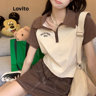 Lovito Casual Camiseta Feminina de Manga Curta com Estampa de Texto e Zíper LNA12112 (Damasco)