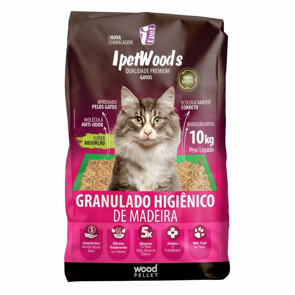 Granulado Higiênico De Madeira para Gatos Ipet Woods 10kg