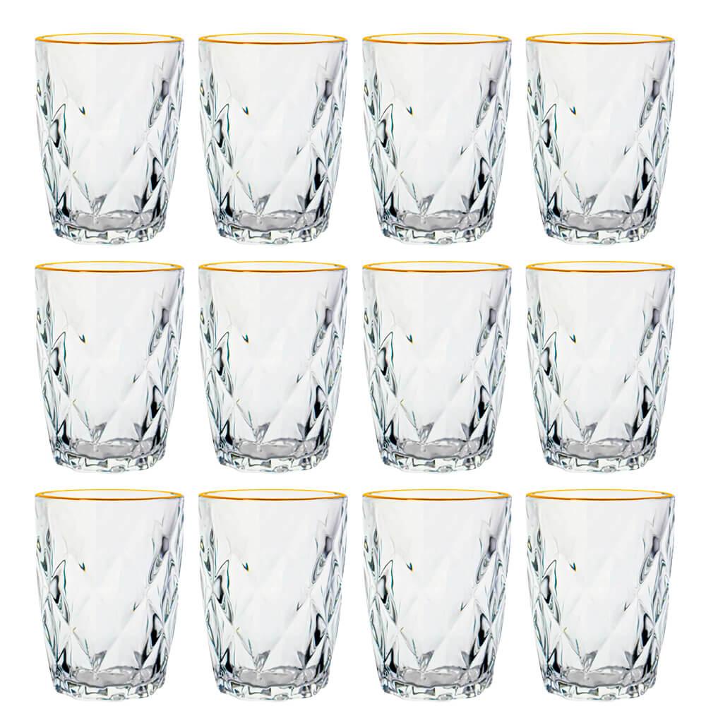 Jogo De Copos De Vidro Diamond Fio De Ouro 270ml 12 Peças - Lyor