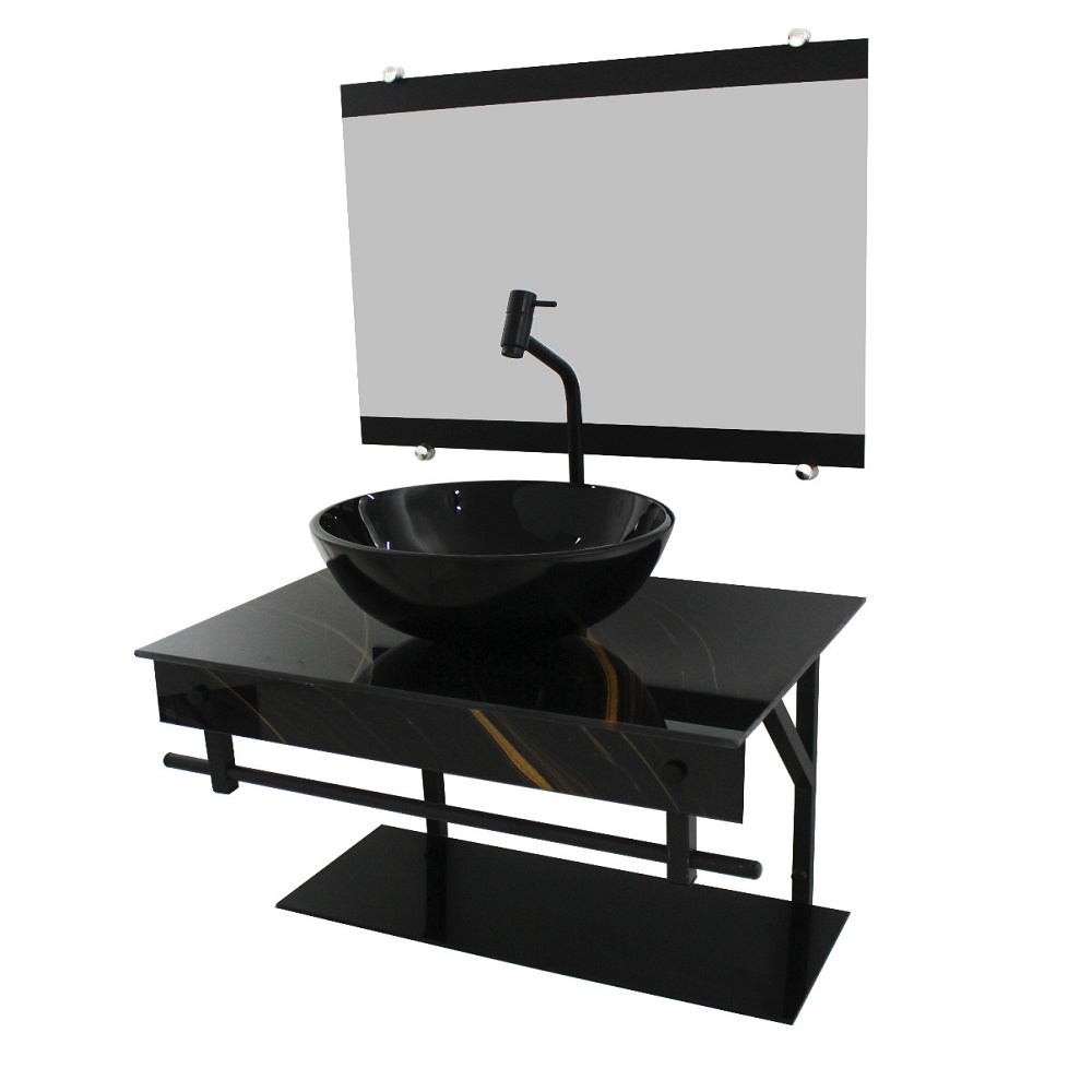 GABINETE DE VIDRO 60CM APX COM CUBA REDONDA MÁRMORE PRETO DOURADO