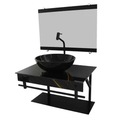 GABINETE DE VIDRO 60CM APX COM CUBA REDONDA MÁRMORE PRETO DOURADO