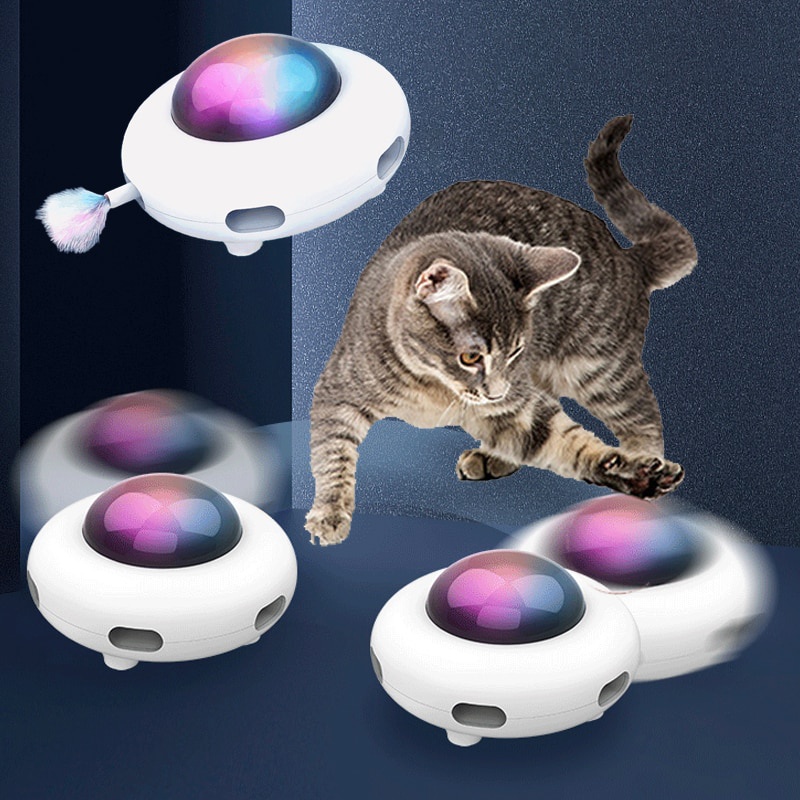 Cat Toy Smart Teaser UFO Pet Turntable Catching Training Toys USB Charging Pena Substituível Auto Interativo