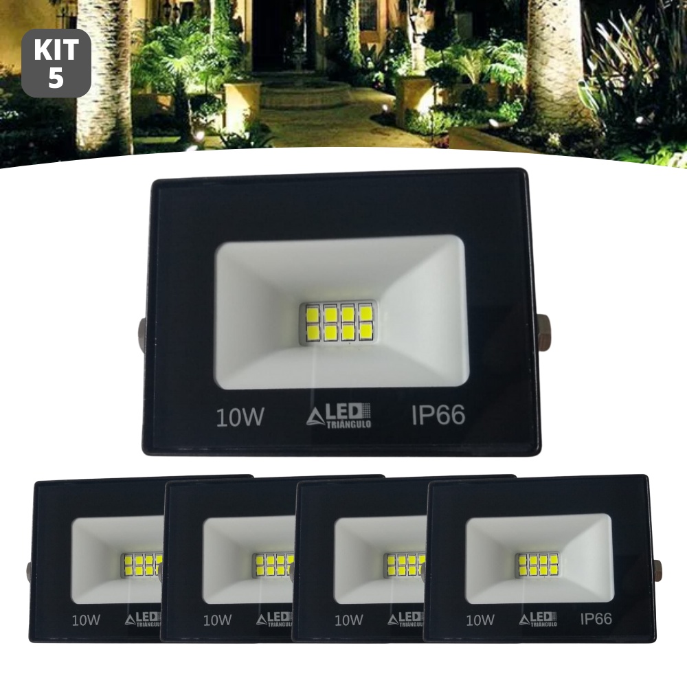 Kit 5 Refletor Led Smd 10w Holofote Bivolt Ip66 Branco Frio