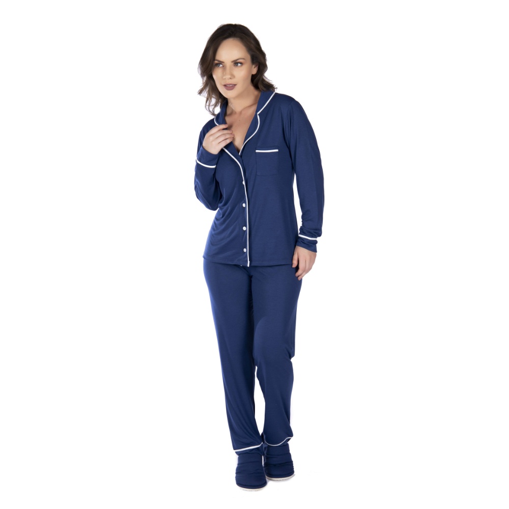 Conjunto Pijama Feminino Inverno Longo Americano Blusa Com Botoes Adulto Frio Marca Victory