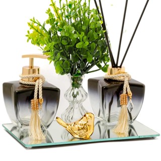 Kit Banheiro Lavabo Vidros Degrade Luxo C/ Bandeja Vasinho E Enfeite