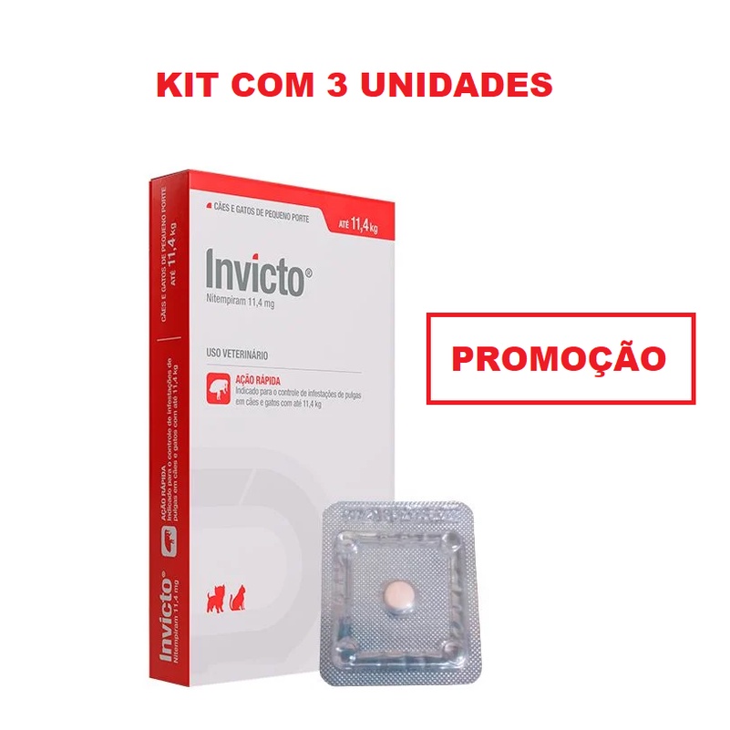 Kit 3 Unidades Antipulgas Para Cães e Gatos Invicto 11,4mg 1 Comprimido (1 Comprimido + Bula)