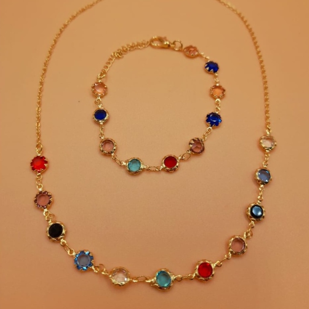 kit colar+pulseira pedrinhas coloridas folheado a ouro