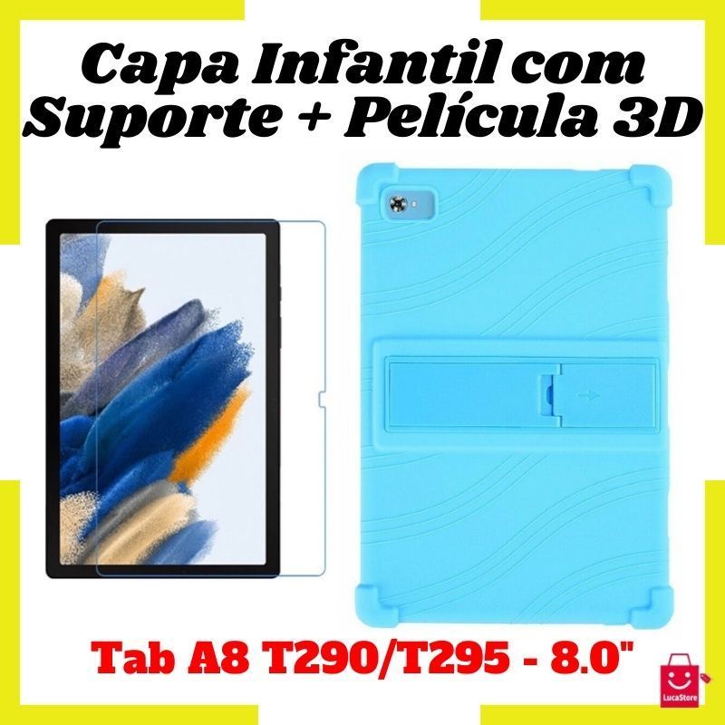 Kit Capa Bumper Infantil com Suporte de Mesa + Pelicula de Vidro Temperado 3D para Samsung A8 T290/T295 - 0.8" Polegadas - Envio Rapido
