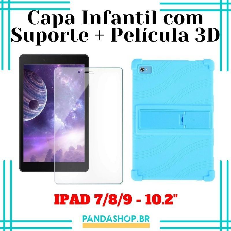 Kit Case Capa Infantil Silicone com Suporte + Pelicula Vidro Temperado para IPAD 7/8/9 - 10.2" Polegadas