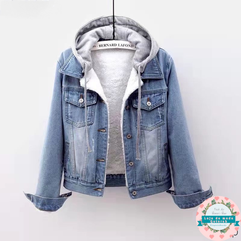 Outono Inverno Quente Com Capuz Mulheres Jaqueta Básica De Manga Longa Jaquetas Jeans