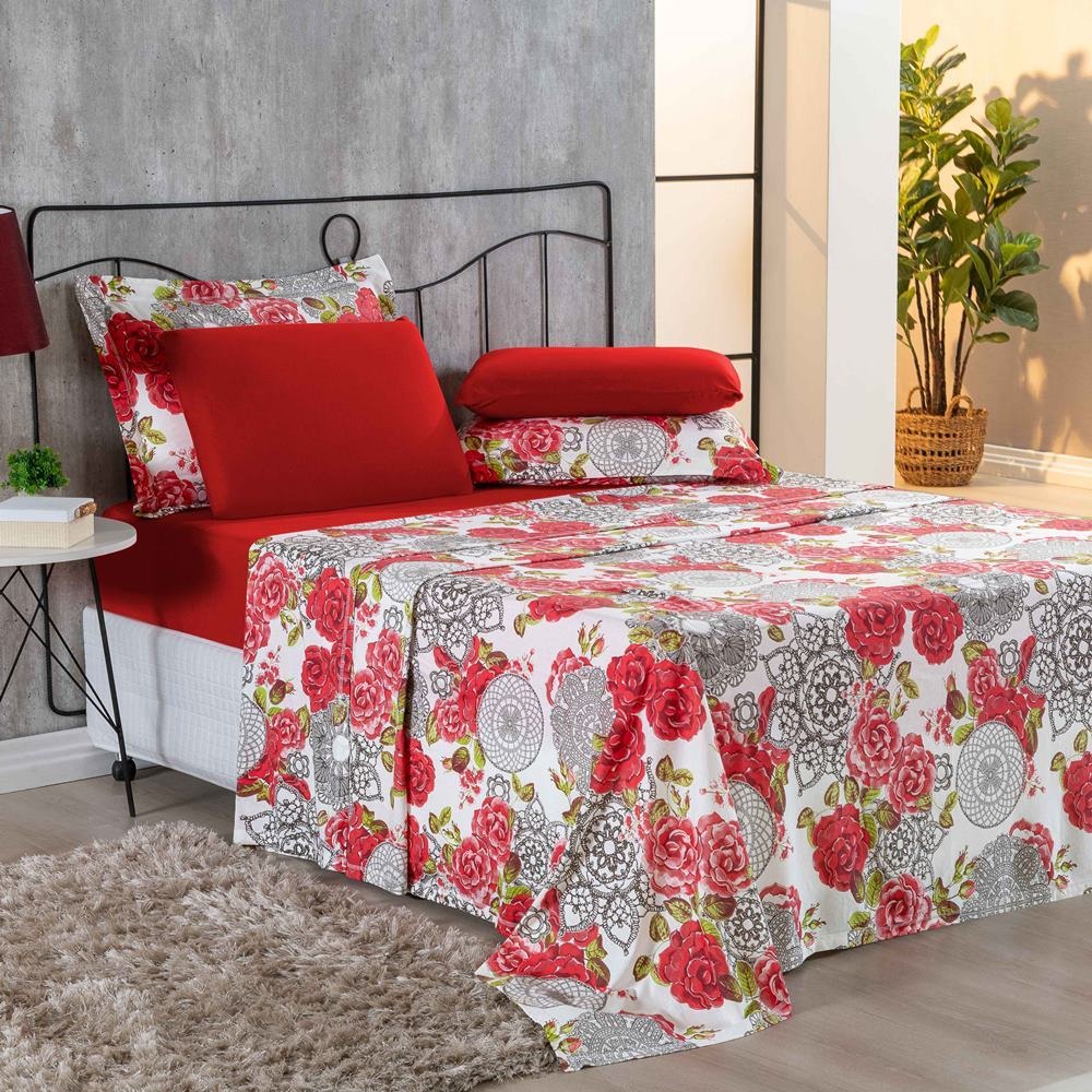 Jogo De Cama Malha Lençol Primavera 4 Pç Queen Vermelho