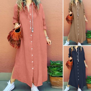 Feriado Confortável Casual Linen Maxi Vestido Algodão E Linho Sólido Cor Simples Retro Manga Longa Camisa Solta Botão Frente Mulher Robe
