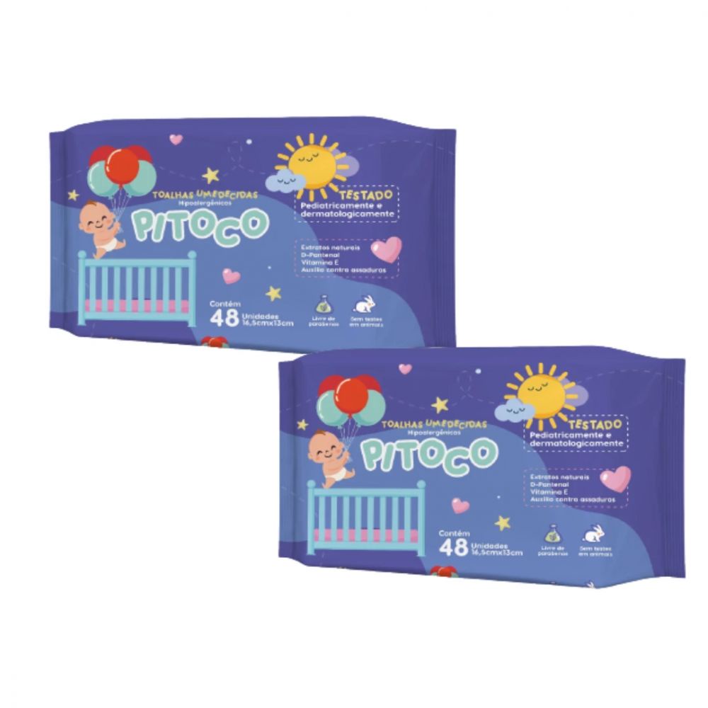 Kit com 02 Lenços Umedecidos Hipoalergênicos Pitoco 48 Unidades