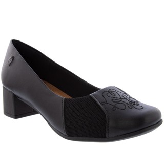 Scarpin Usaflex Salto Grosso Detalhe Bordado Couro Preto