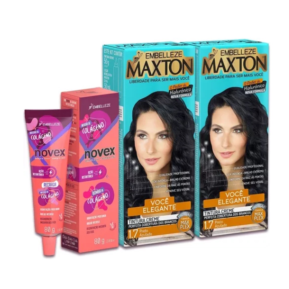 KIT TINTA DE CABELO MAXTON MORENA +ELEGANTE PRETO AZULADO 1.7 + RECARGA INFUSÃO DE COLÁGENO 80G