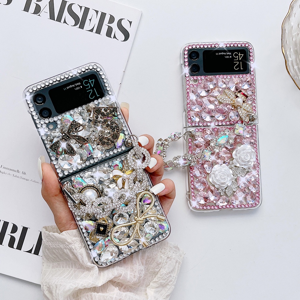 Moda No . 5 Frasco Perfume Elegante Estojo Camélia Para Samsung Galaxy Z Flip3 Flip4 Flip5 Flip 3 4 5 5G Zflip3 Zflip4 Zflip5 Bling Rhinestones Capa Com Bracelete Glitter