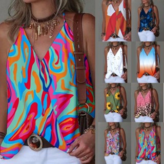 Verão Simples Fivela metálica de pescoço em V com fivela de Metal com pescoço em V Impresso Camisole Top Moda feminina