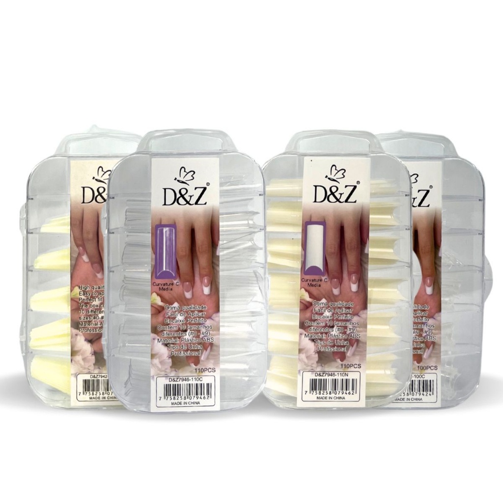 Caixa 100 unhas Tips D&Z Bailarina e Curvatura C para Alongamento Unhas Acrigel Postiças PRO