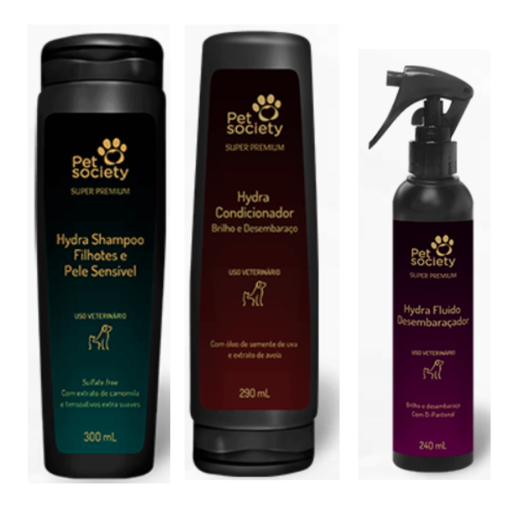 1 Shampoo Filhotes 1 Condicionador 1 Fluido Desembaraçador de Pelos Pelo Society Banho Profissional Cães e Gatos
