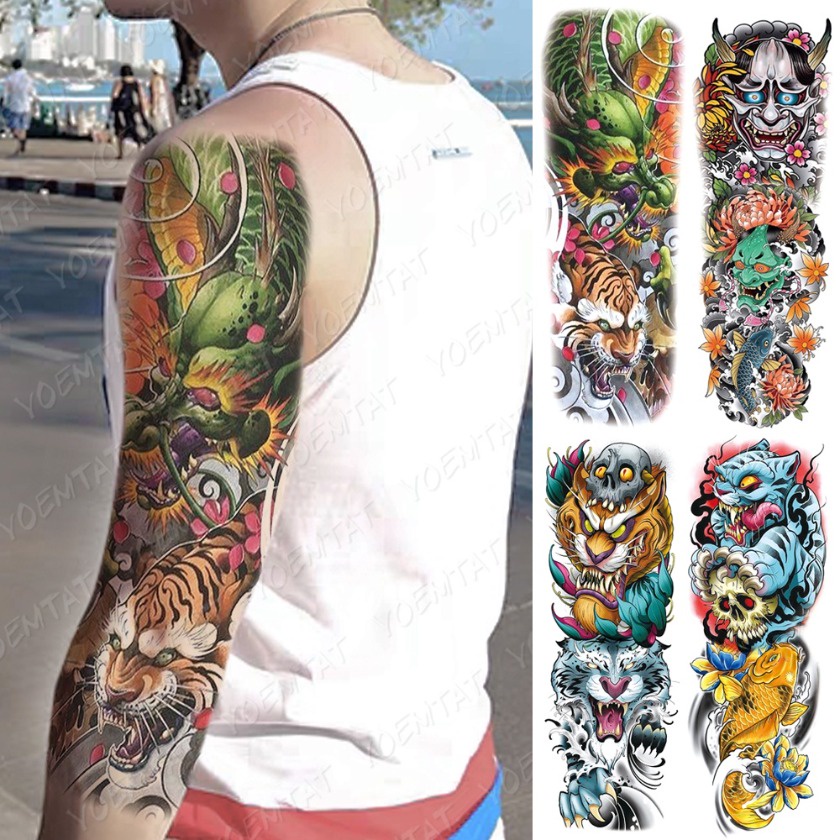 Transferência Tatuagem Semi Permanente Manga Gomette Tato Dragão Tigre Leão Jaguar Grande Cobra Homem Mulher Glitter Tatu Arte Corporal Personalizar