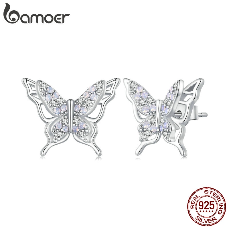Brincos De Prata Bamoer 925 Sterling Em Forma De Borboleta Jóias De Dupla Camada Para Mulheres - Fashion Accessories