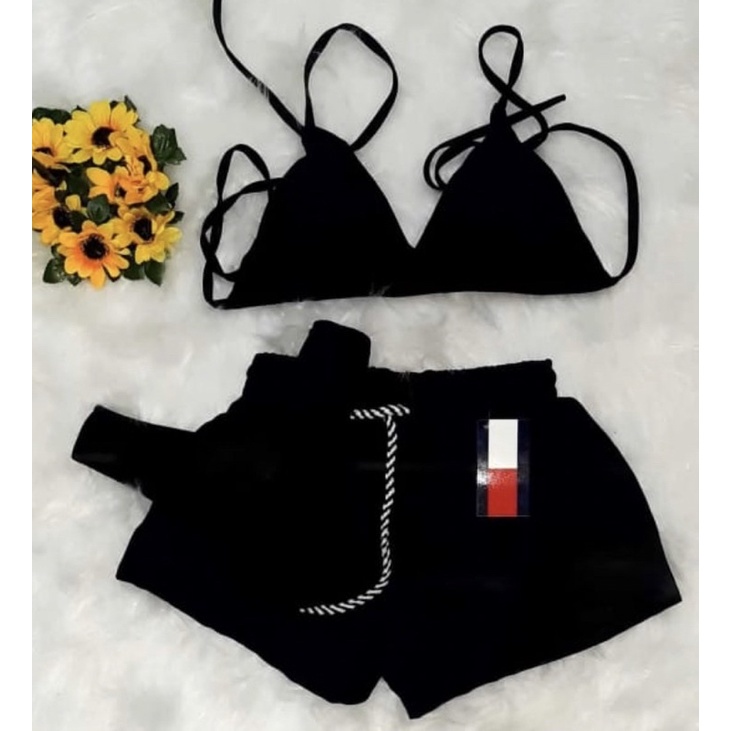 Conjunto Biquínis com bojo + Short Liso Modinha Feminina