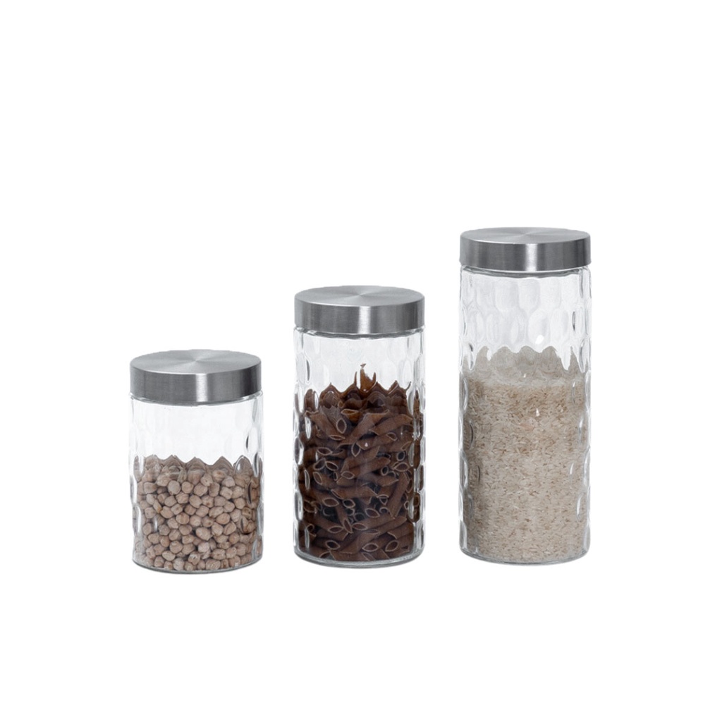 Kit 3 potes de vidro com tampa inox bolhas redondo 1300ml, 1700ml e 2200ml - Mozcada
