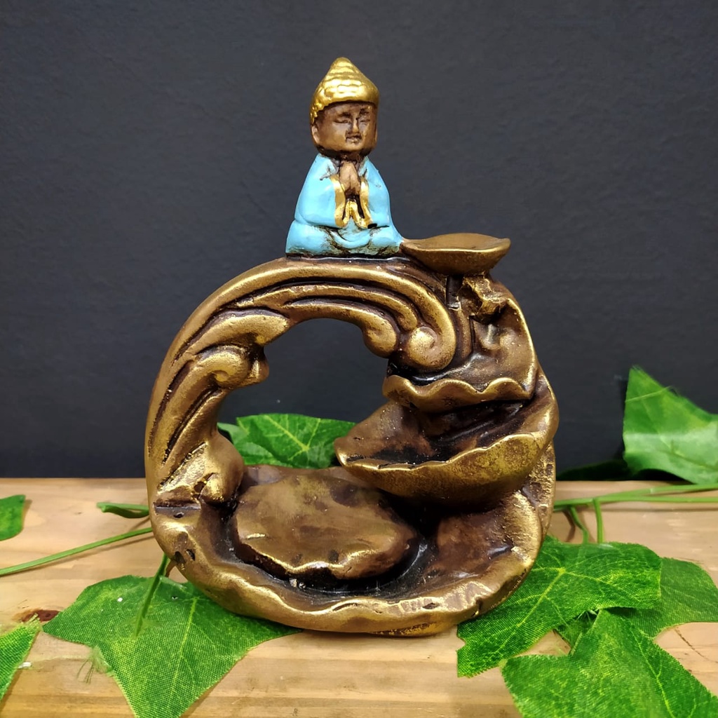 Imagem PORTA INCENSO CASCATA BUDA MAIOR ENVELHECIDO C/ AZUL 15CM