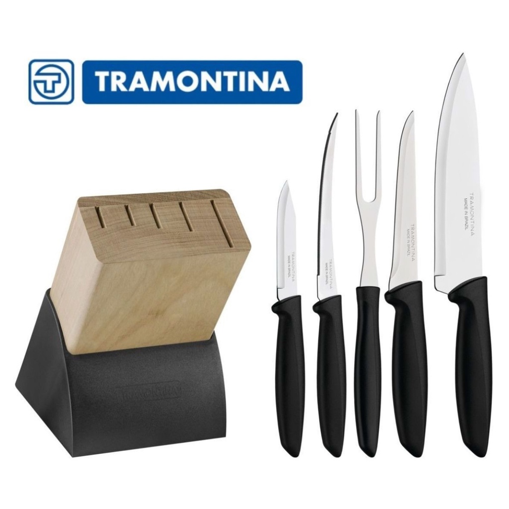 Jogo de Facas Tramontina Inox 6 peças Plenus Cozinha com Cepo Suporte de Madeira