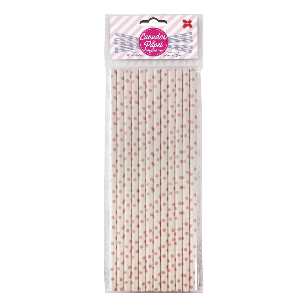 Canudo de Papel Branco com Poá Rosa 6mmx200mm - 4342 - 12 unidades