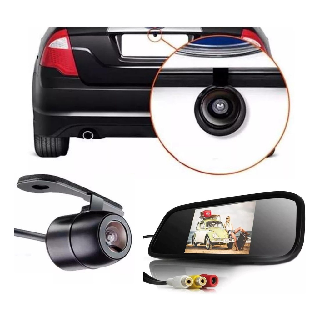 Kit Retrovisor Automotivo Interno Veicular Visor Espelho Tela Lcd + Câmera De Ré Borboleta À Prova D'água p/ Carro