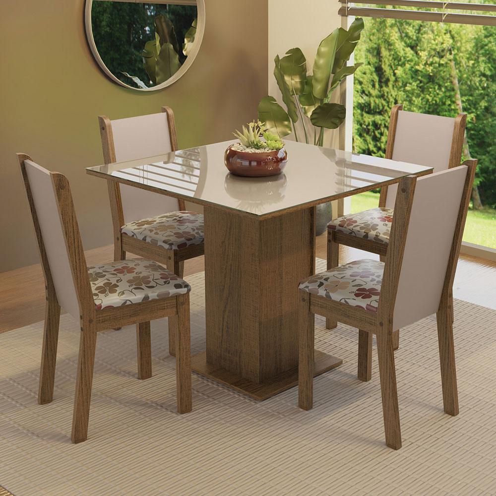 Conjunto Sala de Jantar Mesa Tampo de Vidro 4 Cadeiras Rustic/Crema/Hibiscos Tifani Madesa em Oferta na Shopee