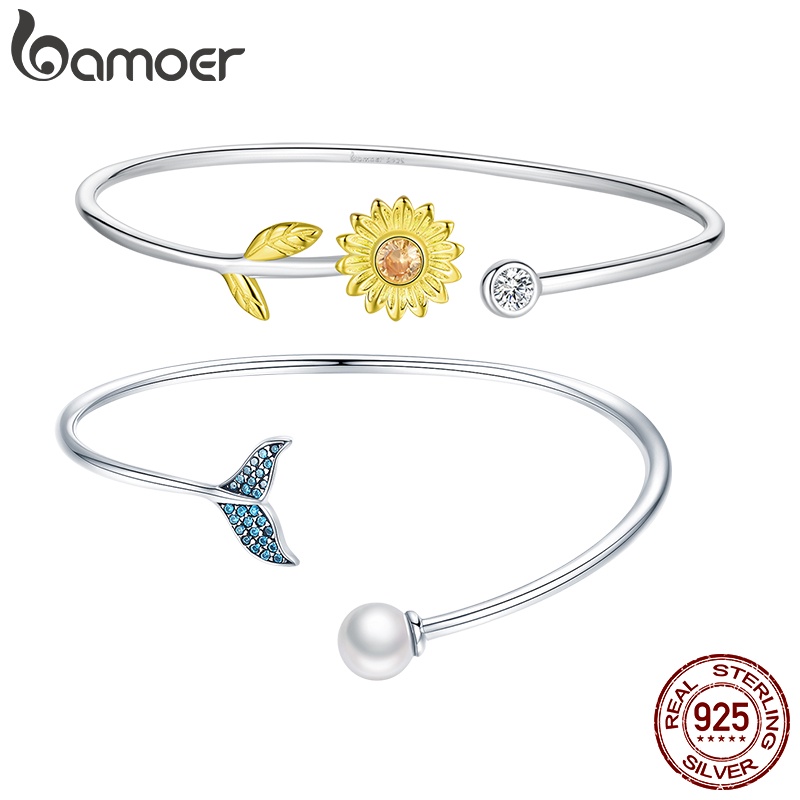 Pulseira Bamoer Bangle Bracelet 925 Prata Simples Flor Mulher Punho Aberto Jóias