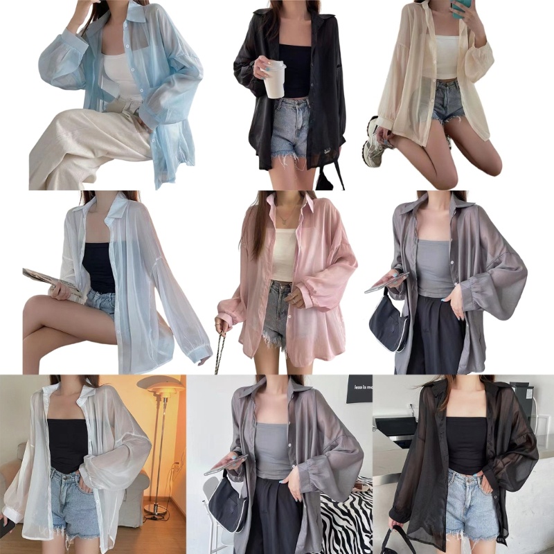 Women Button Shirt See Through Transparent Mesh Long Sleeve Lady Shirt em Oferta na Shopee