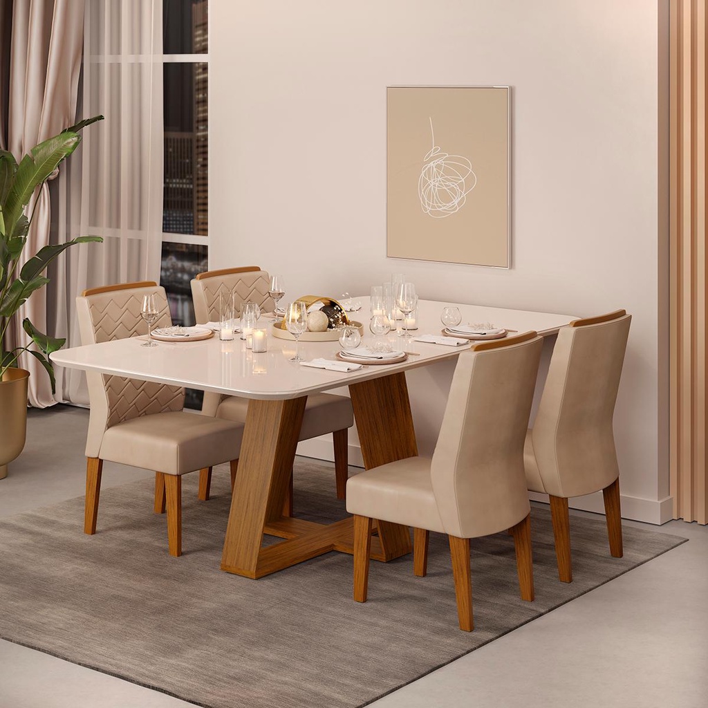 Conjunto de Sala de Jantar 4 Cadeiras Tampo Curvo Dj Móveis Kiara Freijó Lidia Kraft em Oferta na Shopee