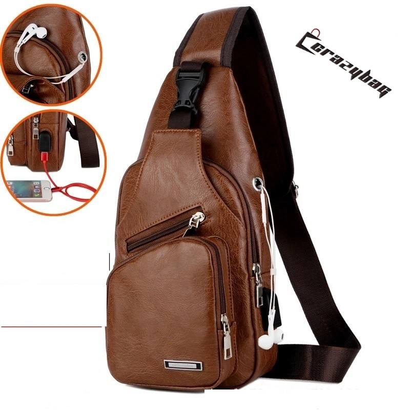 Crazy Bag Bolsa Casual De Couro Para Homens Com Porta Fone De Ouvido USB em Oferta na Shopee