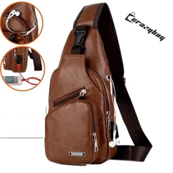 Saco Louco De Couro casual Para Homens Com Porta USB Fone De Ouvido