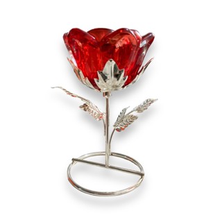 Castiçal Metal Com Flor Vidro Vermelho 13cm