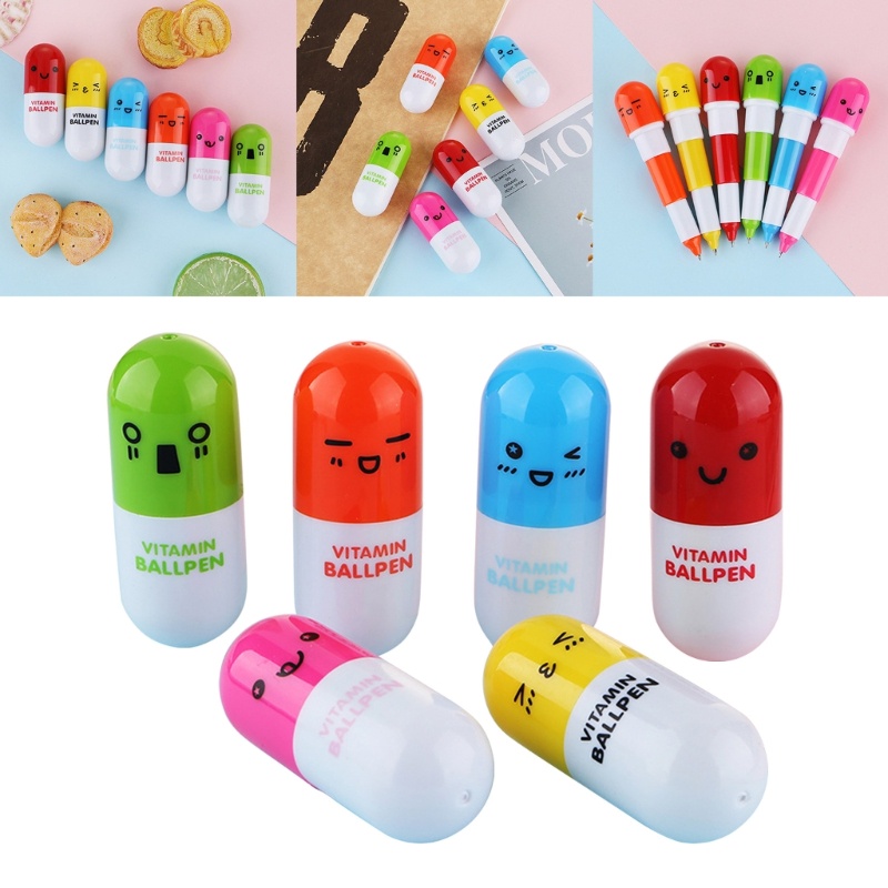 HO 6PCS Canetas Em Formato De Pílula Retráteis De Cápsula De Vitamina Material De Escritório