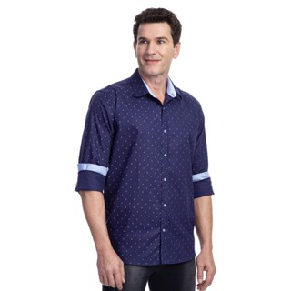 Camisa Social Masculina Azul Estampada