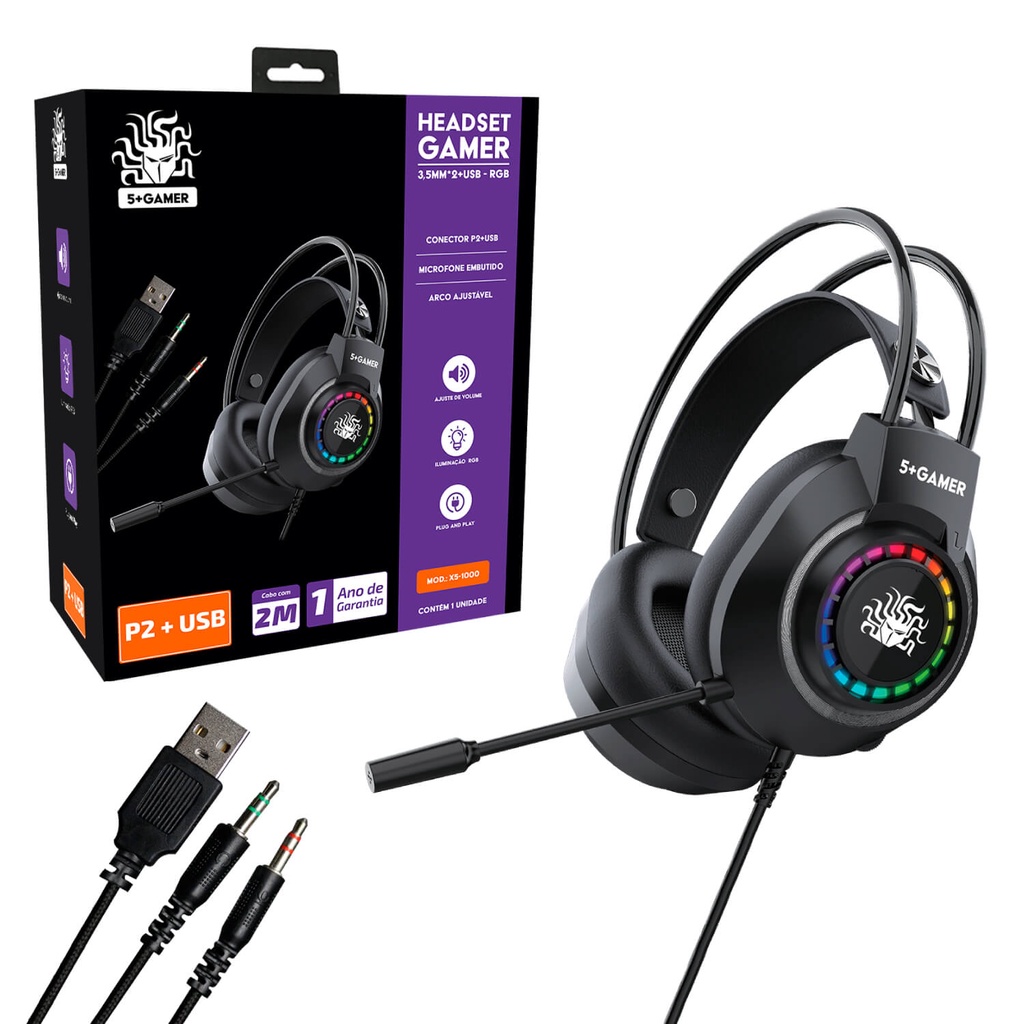 Headset Fone Gamer Led Rgb Mic Usb + P2 Ajustável Cabo 2 Mt